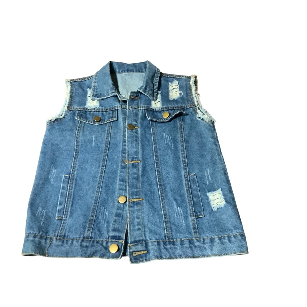 Womens Distressed Denim Vest Medium Wash Sleeveless Jean Jacket Small